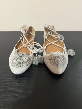 Aquazurra Sunshine Pom Pom Lace Up Flat light gray